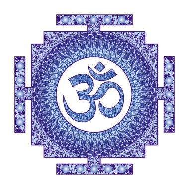 Ajur kare Tibet mandala Aum ile / Ohm / Om oturum ortasında. Dairesel süs mavi tonları ve yıldız. Vektör grafikleri.