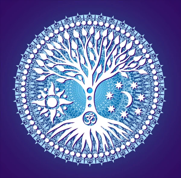 Mandala hayat ağacı. Mavi oyma arka plan üzerinde sembolik ağaç. Güneş, ay ve aum sembolleri / om / ohm imzalamak. Vektör grafikleri.