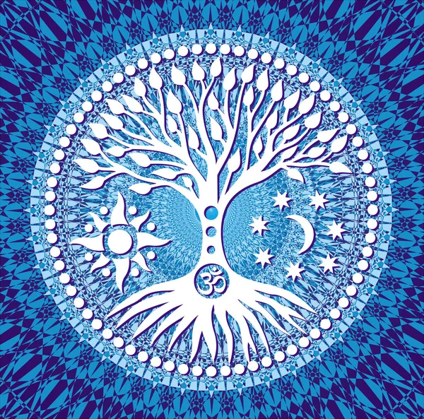 Mandala Életfa Szimbolikus Kék Áttört Háttérben Szimbólumai Nap Hold Aum — Stock Vector