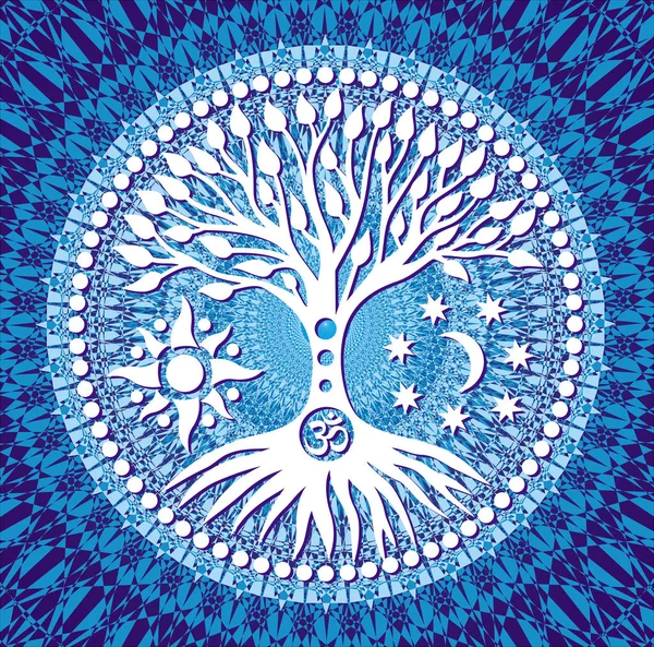 Mandala Yaşam Ağacı. Mavi iz arka plan üzerinde sembolik ağaç. Güneş, ay ve aum / om / ohm işareti sembolleri. Vektör grafik sanatı