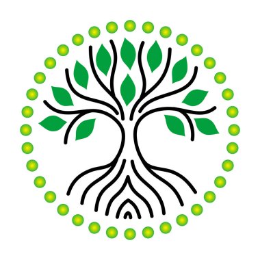 Siyah çizgiler ve yeşil yaprakları, yeşil çevrelerin Halo yaşam ağacı. Mandala. Siyah ve yeşil karakter çizimi. Vektör grafik sanat.