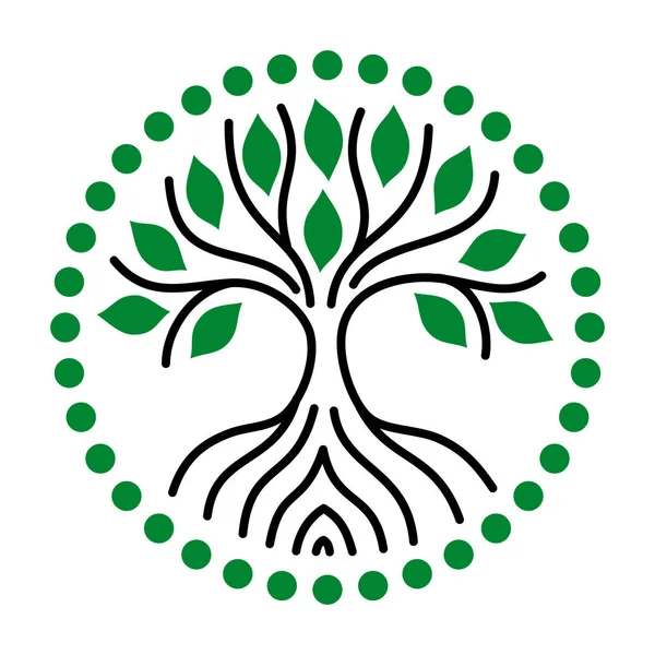 Siyah çizgiler ve yeşil yaprakları, yeşil çevrelerin Halo yaşam ağacı. Mandala. Siyah ve yeşil karakter çizimi. Vektör grafik sanat