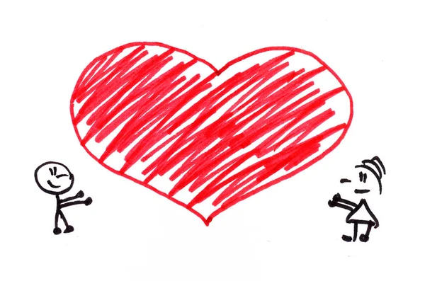 Processen Med Tegne Symbolsk Rødt Hjerte Dreng Pige Symbol Kærlighed - Stock-foto