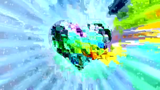 Opengewerkte Kleurrijke Hart Een Pulserende Halo Roterende Stralen Glitch Kunststijl — Stockvideo