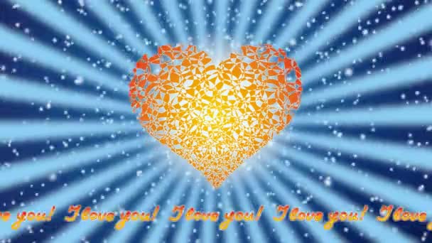 Opengewerkte kleurrijke hart in een pulserende halo op roterende stralen en een sterrenhemel. Videoclip. Tekst: Ik hou van je. — Stockvideo
