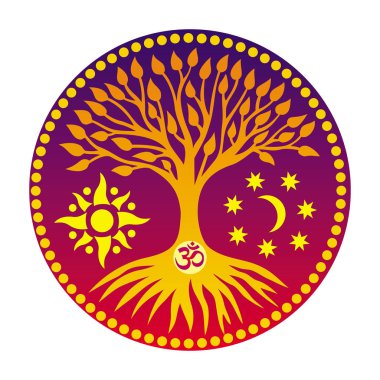 Ay ve güneşin arka planda Mandala/güneş diski merkezinde işareti Aum/ohm/OM ile yaşam ağacı. Manevi ve kutsal sembolü. Vektör grafikleri.