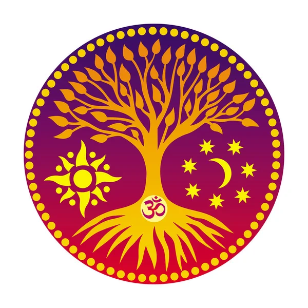 Ay ve güneşin arka planda Mandala/güneş diski merkezinde işareti Aum/ohm/OM ile yaşam ağacı. Manevi ve kutsal sembolü. Vektör grafikleri.