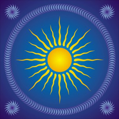 Kare Mandala, Esoterik arka plan. Mistik sembolü. Daire merkezinde güneş ve köşeleri rotasyon unsurları. Vektör grafikleri.