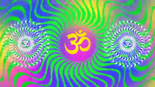 En roterande Mandala med skylten Aum/ohm/om på en färgstark bakgrund — Stockvideo