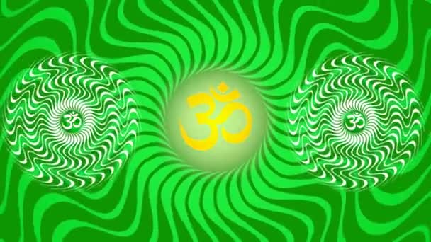 Yeşil bir arka plan üzerinde işareti Aum / Ohm / Om ile dönen bir mandala — Stok video