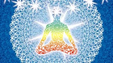 Açık mavi açık arka plan üzerinde lotus asana bir yogi silueti. Video sanatı