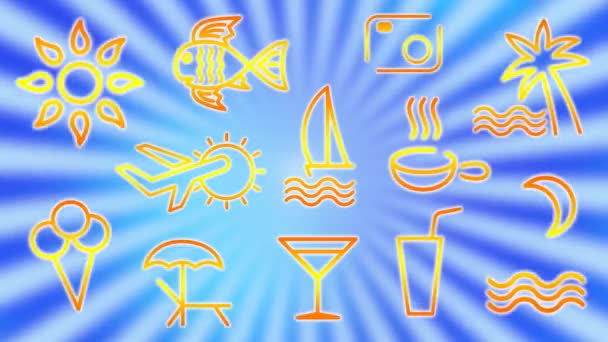 Symbols of travel, recreation and tourism on a background of rotating rays of blue. Video clip art. — Stock Video