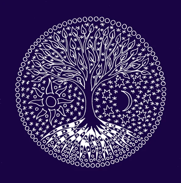 Livets Träd Med Stjärnor Sol Och Måne Mandala Symbolisk Mystisk — Stockfoto