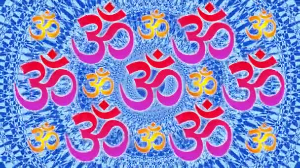 Eleganter durchbrochener Hintergrund aus den Zeichen aum / om / ohm vor dem Hintergrund eines rotierenden durchbrochenen Mandalas. nahtloser Looping — Stockvideo