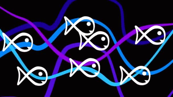 Dessin de bande dessinée symbolique. Poissons blancs parmi les vagues sur un fond noir. Clip art vidéo . — Video