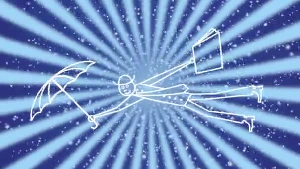 회전하는 광선과 별이 빛나는 하늘을 배경으로 비행 중인 우산과 서류 가방을 가진 남성 사업가의 실루엣 — 비디오
