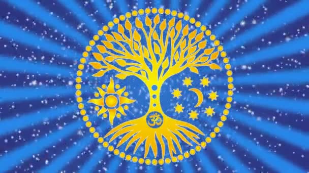 L'albero della vita con il sole e la luna nei colori giallo e arancio nel mandala sullo sfondo di raggi rotanti e un cielo stellato. Screensaver video. Art. loop senza soluzione di continuità . — Video Stock