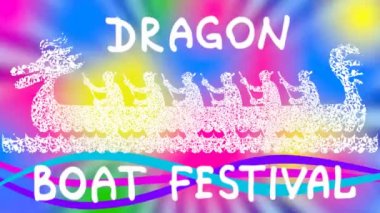 Renkli zonklayan arka plan ve dönen ışınları kürekçiler ile Tekne. Ejderha Teknesi Festivali. Sembolik karikatür çizimi. Çin ve Asya'da Dragon Boat Festivali. Video ekran koruyucu.