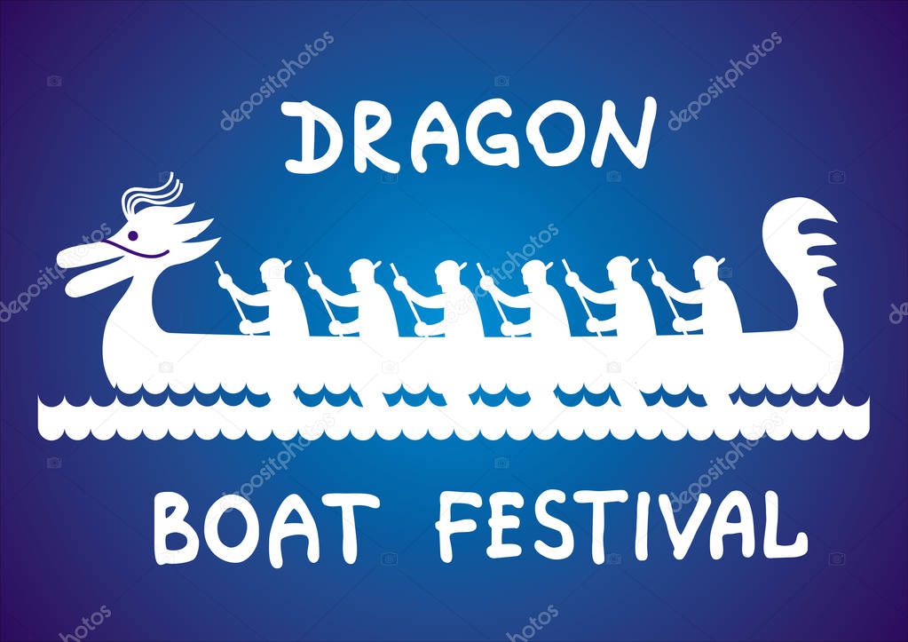 Boat with rowers. Text - Dragon Boat Festival. Symbolic cartoon drawing. Festival in China and Asia. Vector graphics.