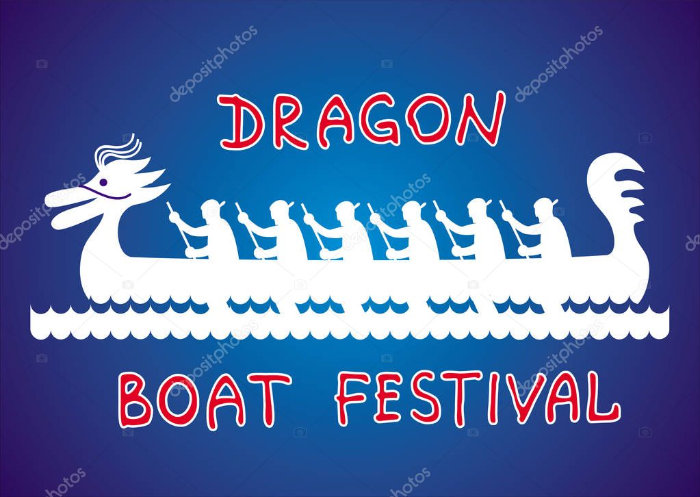 Boat with rowers. White boat on a blue background. Text - Dragon Boat Festival. Symbolic cartoon drawing. Festival in China and Asia. Vector graphics.