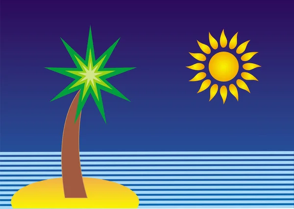 Kreslená Symbolická Krajina Ostrov Palmami Mořem Sluncem Vektorová Grafika — Stockový vektor