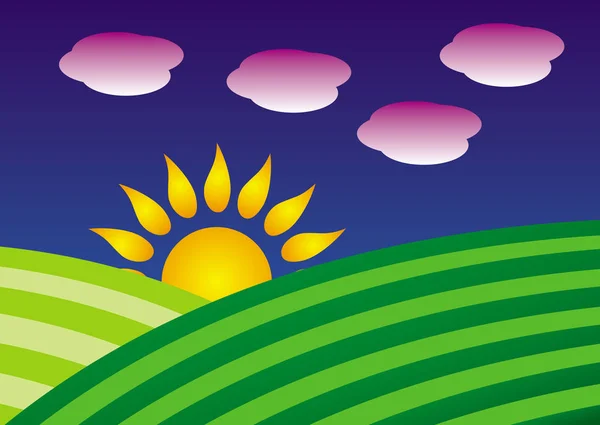 Symbolic Cartoon Landscape Two Green Hills Rising Sun Blue Sky — Stock Vector