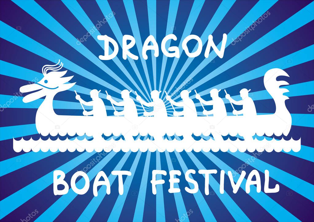 Boat with rowers. Text: Dragon Boat Festival. Symbolic cartoon drawing. Festival in China and Asia. Vector graphics.