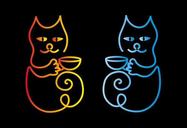 Dwa Kolorowe Koty Cartoon Para Kotów Filiżanką Kawy Lub Herbaty — Wektor stockowy