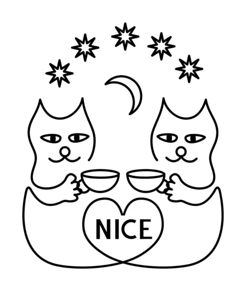 Deux Chats Noirs Blancs Dessin Animé Couple Chats Avec Une — Image vectorielle