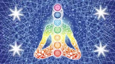 Bir haddeleme mandala ve yıldızlı gökyüzünün arka planına karşı lotus pozisyonda yoga silueti. Köşelerde dört yıldız. Sembolleri olan 7 çakra. Video sanatı.
