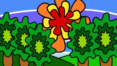 Yeşil tepeli, ağaçlı ve güneşli karikatür manzarası. Seyahat ve turizm. Dinamik grafikler. Video ekran koruyucu. Kusursuz döngü.