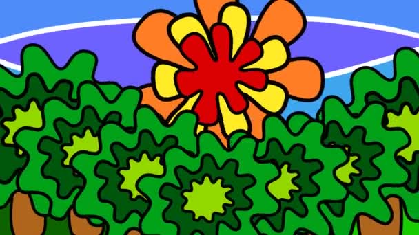 Cartoon landschap met groene heuvels, bomen en de zon. Reizen en toerisme. Dynamische kunst graphics. Video screensaver. — Stockvideo