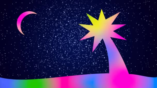 Cartoon night tropical landscape - bright colorful palm tree on the background of the starry sky and the moon. Video art saver. Sparks colors. Seamless looping — 비디오