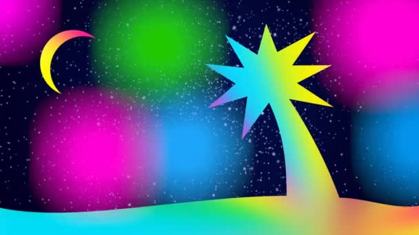 Cartoon night tropical landscape - bright colorful palm tree on the background of the starry sky and the moon. Video art saver. Sparks colors. Seamless looping — Vídeo de Stock