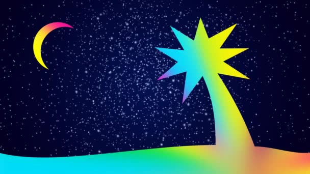 Cartoon night landscape - bright colorful palm tree on the background of the starry sky and the moon. Video art saver. Seamless looping — Stock Video