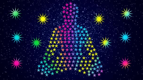 Silhouet van een yogi uit sterren op de achtergrond van de sterrenhemel en kleurrijke hemelse sterren. Pixel grafische video. Screensaver. — Stockvideo