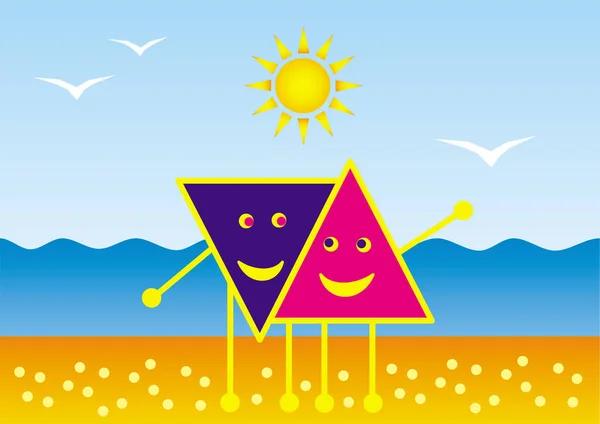 Two Symbolic Little Man Woman Beach Embrace Background Sea Sun — Stock Vector