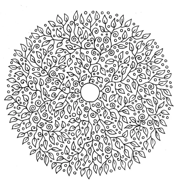 Mandala Hojas Espiral Patrón Sol Hojas Dibujo Gráfico Blanco Negro — Foto de Stock