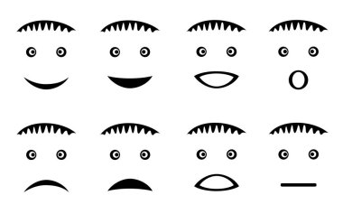 Sekiz suratlar, insan yüzleri, farklı duygular. Komik resimler. Siyah ve grafik. Vektör grafik sanat.