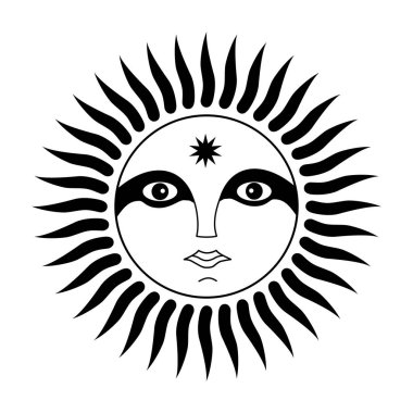 Erkek suratlı güneş işareti. Güneşin ruhu. Sembolik, büyülü bir sembol. Vektör grafik sanatı.