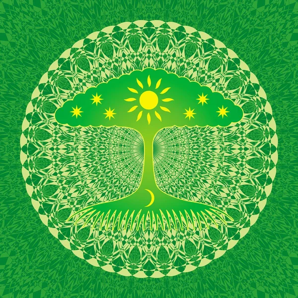 Openwork Mandala Med Ett Träd Liv Solen Månen Och Stjärnorna — Stock vektor