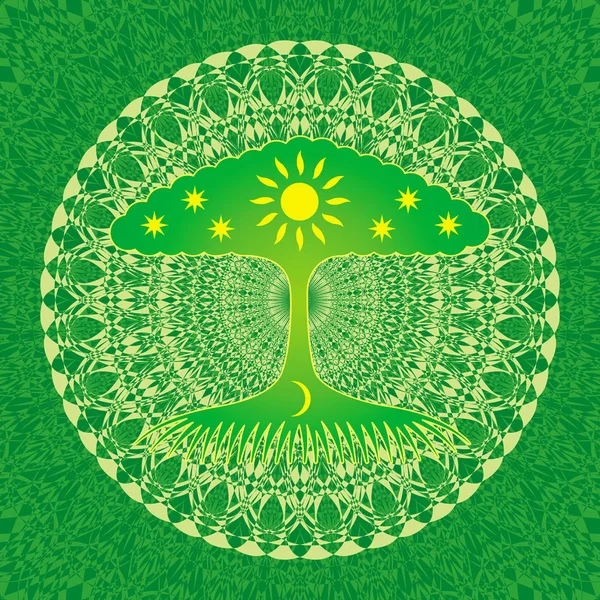 Yaşam ağacı, güneş, ay ve yıldız ile Openwork mandala. Karakter çizimi, vektör grafik sanatı.