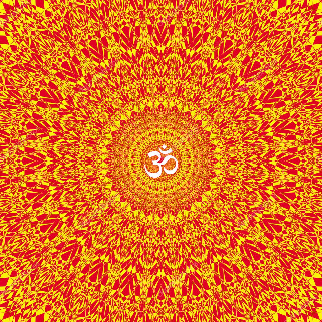 Square openwork mandala, elegant circle patern ornament with Aum / Om sign in the center. Vector graphics art