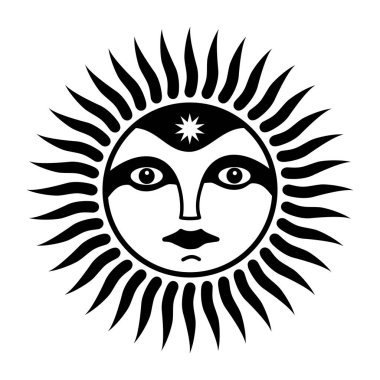 Erkek suratlı güneş işareti. Güneşin ruhu. Sembolik, büyülü bir sembol. Vektör grafik sanatı.