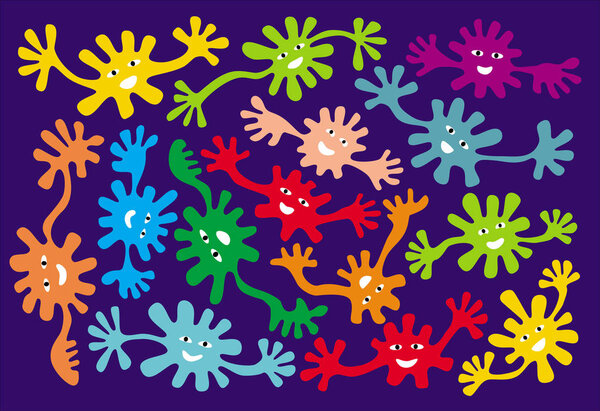 Забавный мультяшный хипстер. Танец призрака с улыбками и длинными руками на синем подложке. Векторная графика
. 