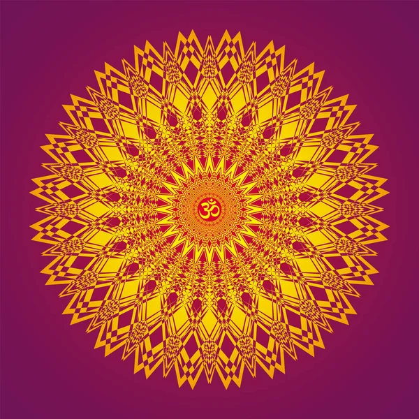 Mandala Calado Círculo Colores Rojo Amarillo Púrpura Firma Aum Ohm — Vector de stock