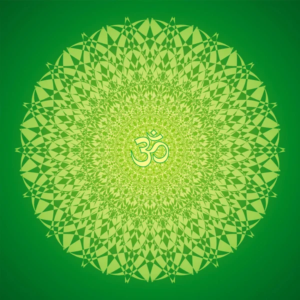 方形圆圈开放工作曼达拉 绿色和黄色 在中间签名奥姆 精神深奥的象征 矢量图形 — 图库矢量图片