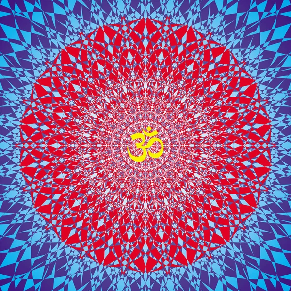 Kare daire openwork mandala. Mavi ve kırmızı renkler. Sign Aum / Om / Ohm merkezinde. Ruhani ezoterik sembol. Vektör grafik sanatı.