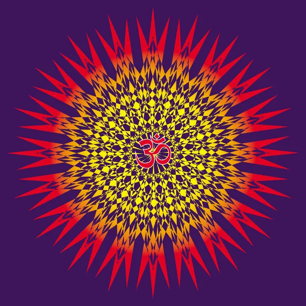 Cirkelöppning Mandala Lila Gula Röda Färger Skriv Aum Ohm Mitten — Stock vektor