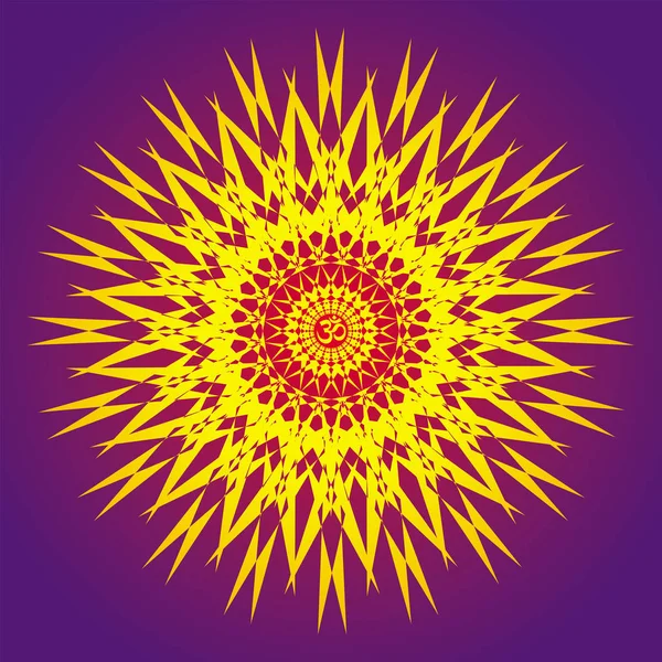 Mandala Calado Círculo Colores Púrpura Amarillo Rojo Firma Aum Ohm — Vector de stock